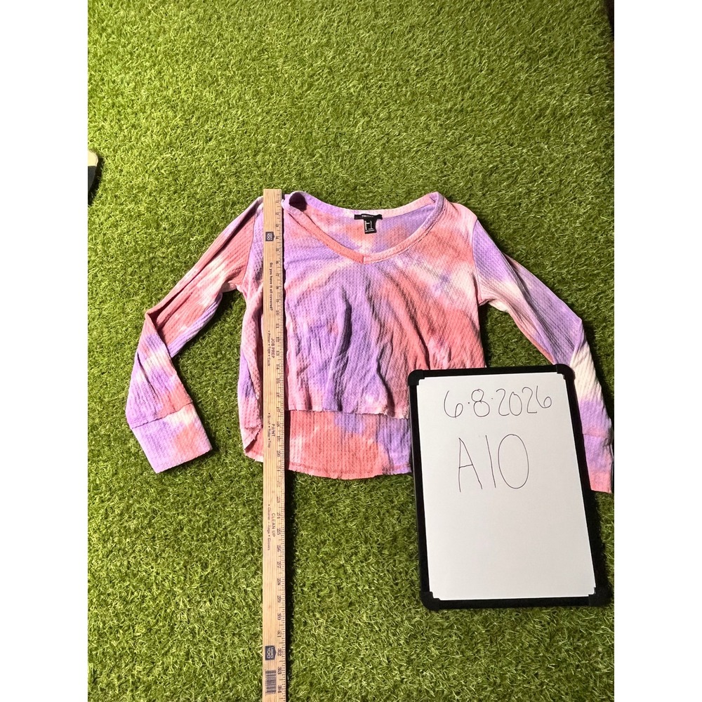 Forever 21 Womens Thermal Tie Dye Crop Top Pink Purple Long Sleeve V-Neck Large‎